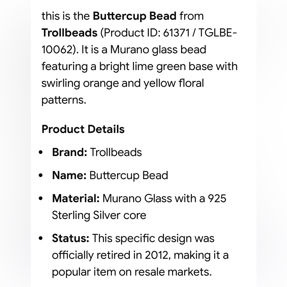 RETIRED 2012 Trollbeads Buttercup Murano Glass and Sterling Silver Bead - Picture 4 of 4